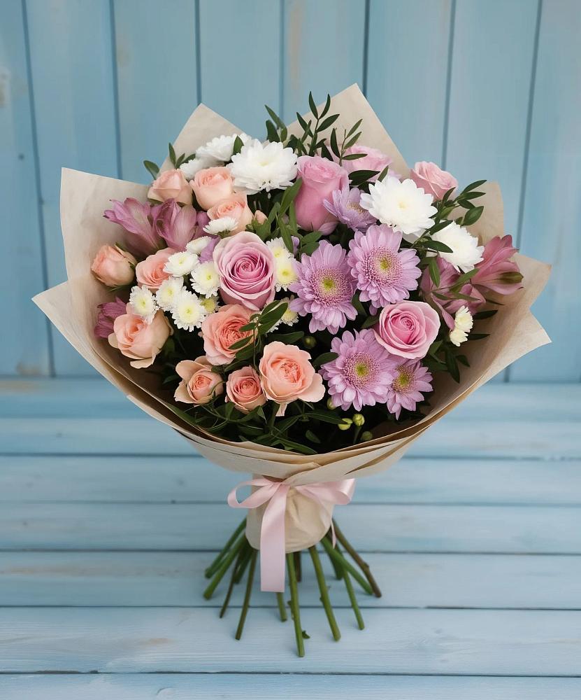Букет цветов из: Хризантемы, Розы и Альстромерии в Южноуральске