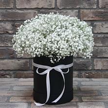 Цветочная композиция из Гипсофила в шляпной коробке в Южноуральске